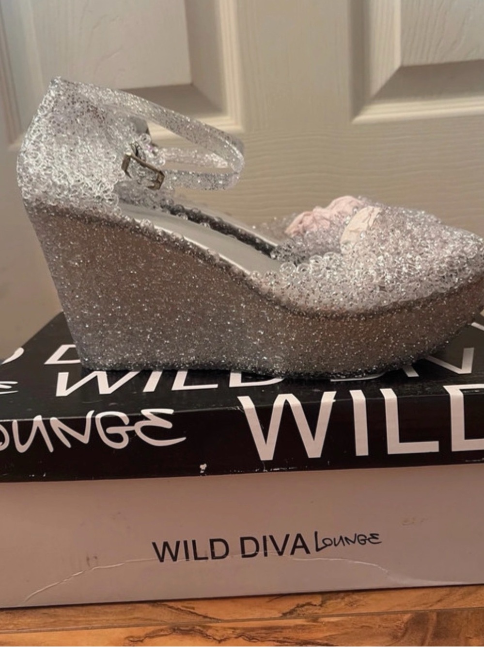 DIVA Lounge Sparkling Silver Glitter Wedge Sandals with Ankle Strap